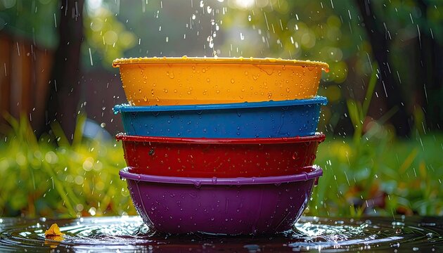 Colorful Nested Bowls Wet in Rain on Water Surface