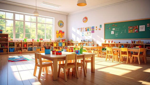Bright Kindergarten Classroom with Wooden Tables and Colorful Art