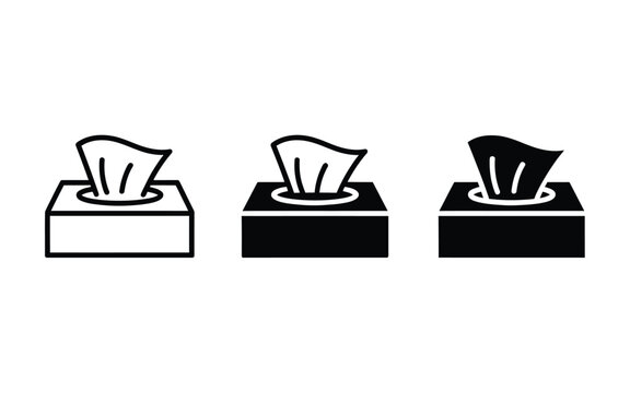 Tissue box line and silhouette icon set representing paper napkin dispenser, hygiene product, cold symptom care, and soft facial wipe.