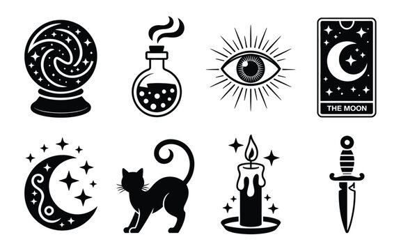 Magic and witchcraft icon set featuring crystal ball, potion bottle, evil eye, tarot card, crescent moon, black cat, burning candle, dagger.