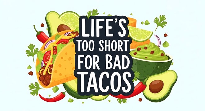Colorful Taco and Avocado Illustration with Bold Food Quote on Light Background
