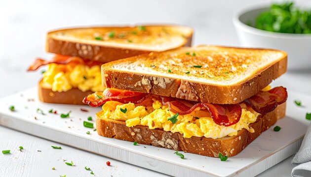 Golden Toasted Bread Scrambled Egg Bacon Sandwich on Plate