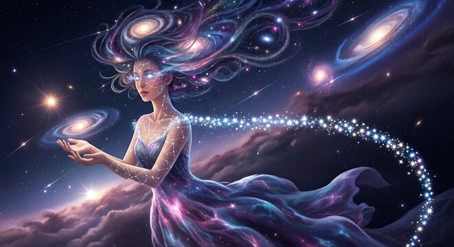 Ethereal Cosmic Woman Holding Spiral Galaxy in Starry Fantasy Space Scene