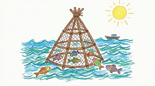 Colorful hand drawn crayon illustration of fish trap basket in water with fish and sun, cute children's book style ocean artwork design
