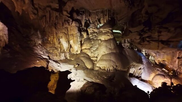 Scenic sparkling cavern formations glisten deep inside Crystal Cave in Sequoia National Park