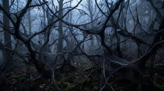 Dark forest trees covered in thick spiderwebs.