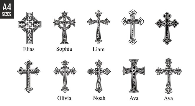Ornate Black Christian Cross Designs Arranged on White Background