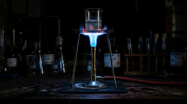 Laboratory experiment with a Bunsen burner heating a beaker of liquid.