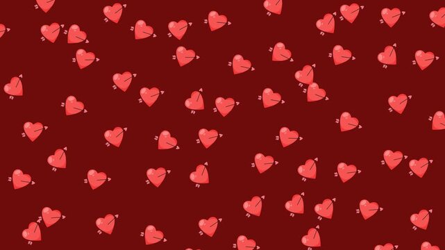 Valentine pattern featuring red hearts with cupid arrows on a dark red background
