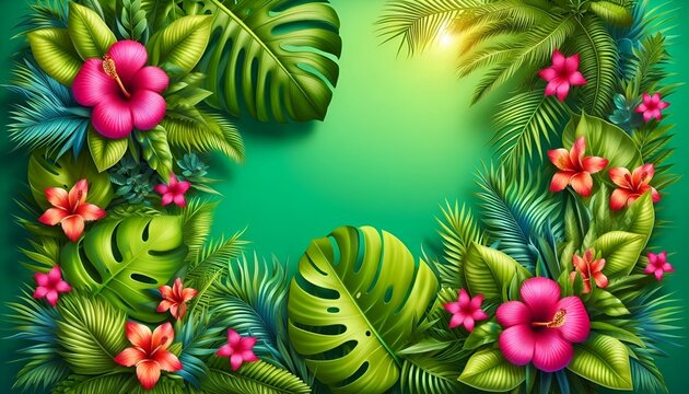 Lush Tropical Jungle Leaves and Flowers in Shades of Green, Including Monstera, Palm Leaves, and a Pink Exotic Flower Arranged in a Border on a Vibrant Green Background Frame. Vacation Summer Themed.