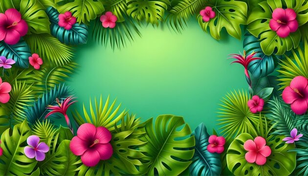 Lush Tropical Jungle Leaves and Flowers in Shades of Green, Including Monstera, Palm Leaves, and a Pink Exotic Flower Arranged in a Border on a Vibrant Green Background Frame. Vacation Summer Themed.