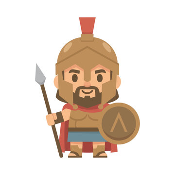 Chibi style ancient greek soldier illustration with helmet and cape in pastel flat design.