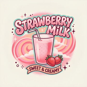 Delicious Strawberry Milk with Fresh Fruit and Straw.