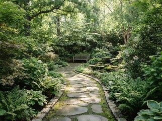 Naklejka premium Serene Garden Path with Lush Greenery and Sunlight.