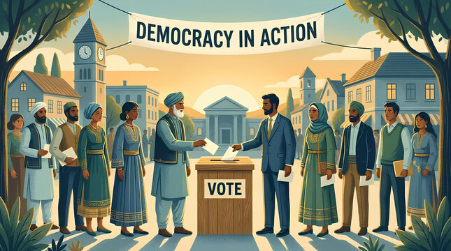 Diverse citizens voting at outdoor democracy in action event.