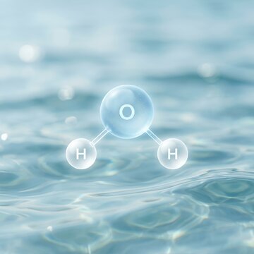 Water Molecule H2O Floating on Water Surface with Bubbles.