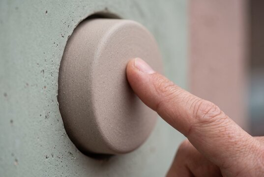 Close-up of a person's finger pressing a large minimalist round ceramic button on a modern textured concrete wall