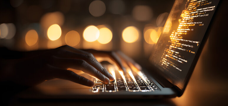 Focused concentration is conveyed by the hands typing on a laptop and displaying glowing code on a screen with a warm bokeh background.