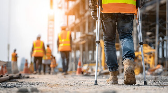A construction worker on crutches is present at an active building site with safety equipment and a team to address workplace injuries, occupational safety, workers' compensation, and disability accom