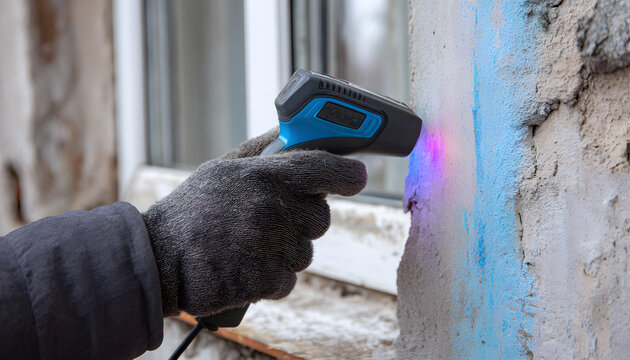 The thermal imager scanner is used with a glove to detect heat loss in house walls. A professional examines insulation, drafts, temperature, and window gaps to improve energy efficiency during a home 