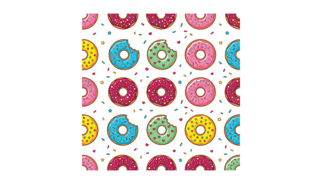 Seamless pattern vector illustration of colorful glazed donuts with sweet sprinkles and bite marks isolated on white background.