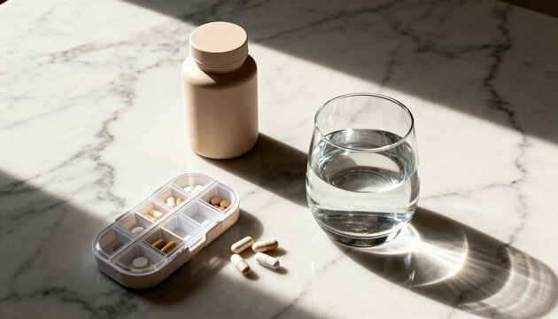 Daily Vitamin Supplements with Glass of Water on Marble Table