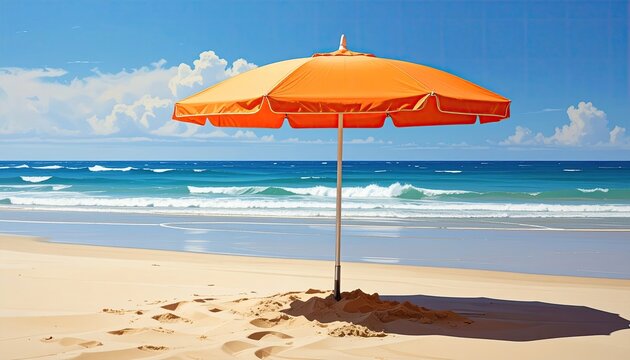 Bright Orange Beach Umbrella on Sandy Seashore with Blue Ocean