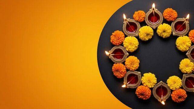 Diwali glowing Diya and flowers arranged in circular shape forming Festive Diya Copy Space Motion Background For Celebrations