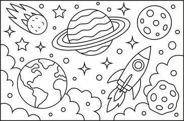 Elementos espaciales, contorno de dibujos animados, ilustración de arte lineal dibujada a mano, dibujo de garabatos, página para colorear para niños
