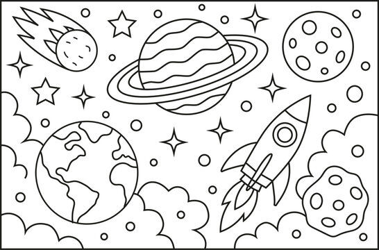 Elementos espaciales, contorno de dibujos animados, ilustraci&oacute;n de arte lineal dibujada a mano, dibujo de garabatos, p&aacute;gina para colorear para ni&ntilde;os