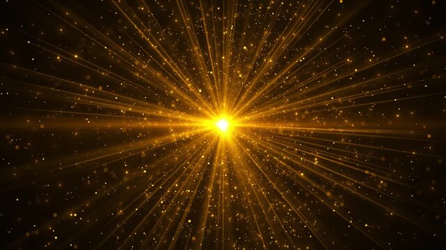 A brilliant golden core sends radiant beams and sparkling particles across a dark field, creating an energetic burst with dramatic symmetry, vivid motion, and festive impact for strong visual reveals.