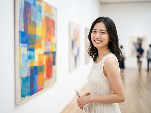 美術館で抽象絵画を鑑賞中に笑顔でこちらを振り返る女性