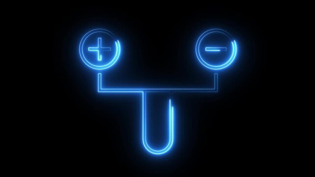 Neon blue outline of plus and minus icons representing electricity and positive negative.