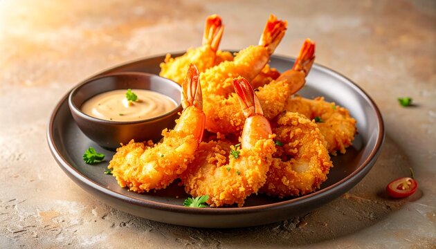 Crispy Golden Fried Shrimp with Spicy Dipping Sauce on Ceramic Plate