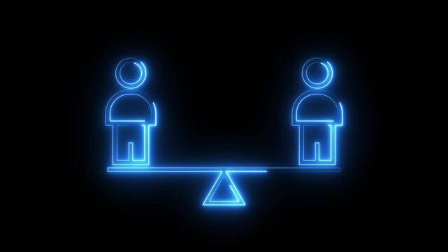 Neon glowing outline of two people on a balance scale isolated on dark black background.