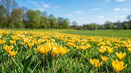 Obraz premium Vast Field of Yellow Crocus Flowers Blooming in Spring Under a Blue Sky.