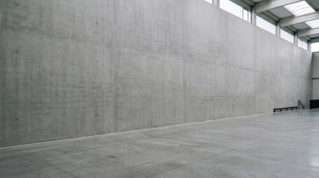Vast empty industrial concrete warehouse interior with natural light.