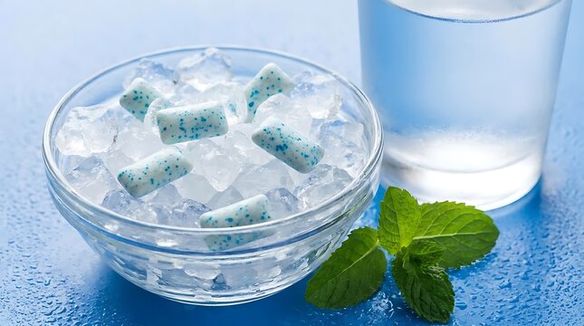 Chewing gum pellets with mint leaves and ice cubes in a glass bowl