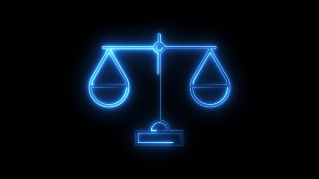 Neon blue law scale icon glowing with animation isolated on black background video clip.