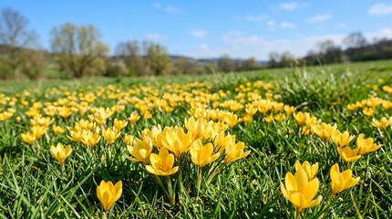 Obraz premium Vibrant yellow crocuses bloom in a sunlit meadow under a clear blue sky.