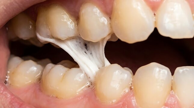 Close-up of white foamy dental residue stretching between natural human teeth