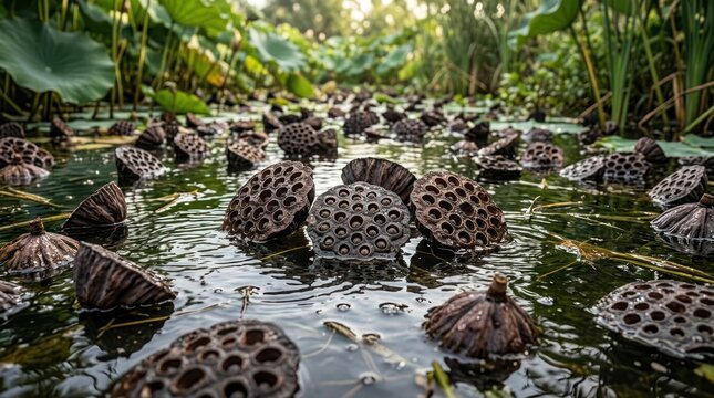 Dried lotus seed pods floating in water
