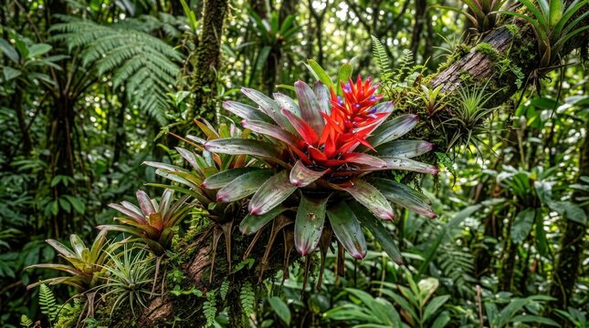 Tropical bromeliad plant with vibrant red flower