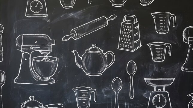Kitchen appliance and baking utensil outline sketches on a black chalkboard background.