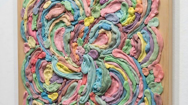 Colorful pastel modeling clay swirled on wooden board. Abstract hand crafted plasticine art texture for creative education and hobbies.
