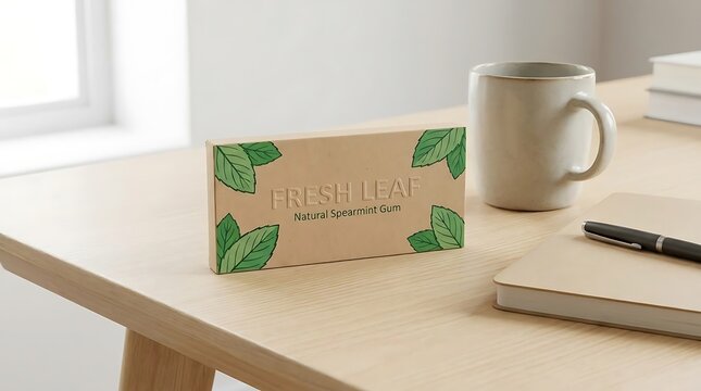 Fresh Spearmint Gum box, mug, and notebook on a clean light wooden desk.