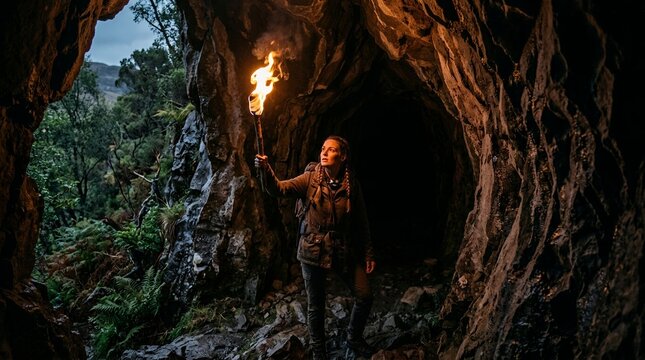 Adventurer holding a torch exploring a dark cave entrance with lush green foliage.