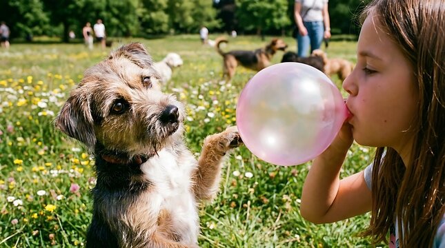 Cute dog and young girl playing with a pink bubble in a sunny park field.