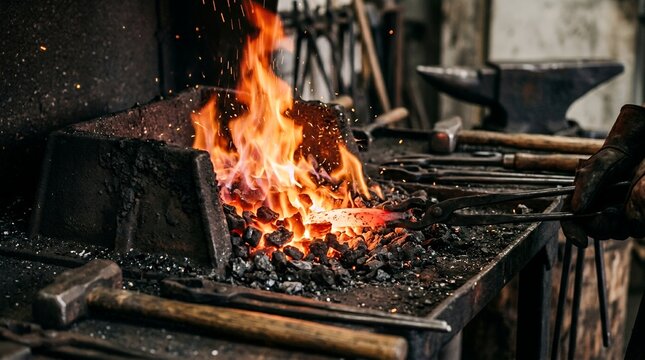 Blacksmith forge with intense flames and glowing metal in a workshop.