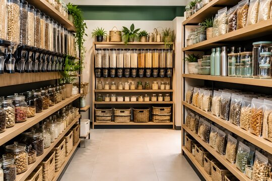 Modern Health Food Store Aisle with Grains Seeds Nuts Plant Foods and Reusable Containers Photography